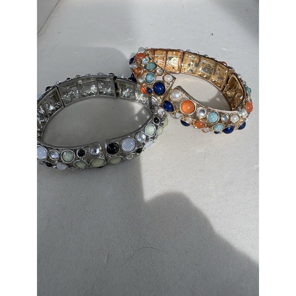 Lot of 2 Chunky Cabochon Mosaic Stretch Cuff Bracelets Gold Silver Tone Boho